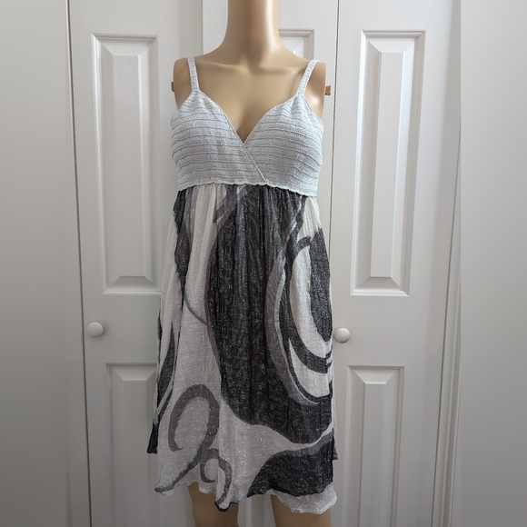bebe Dresses & Skirts - Bebe Womens Metallic Silk Sleeveless Dress Size L Crochet Top V Neck Silk Skirt